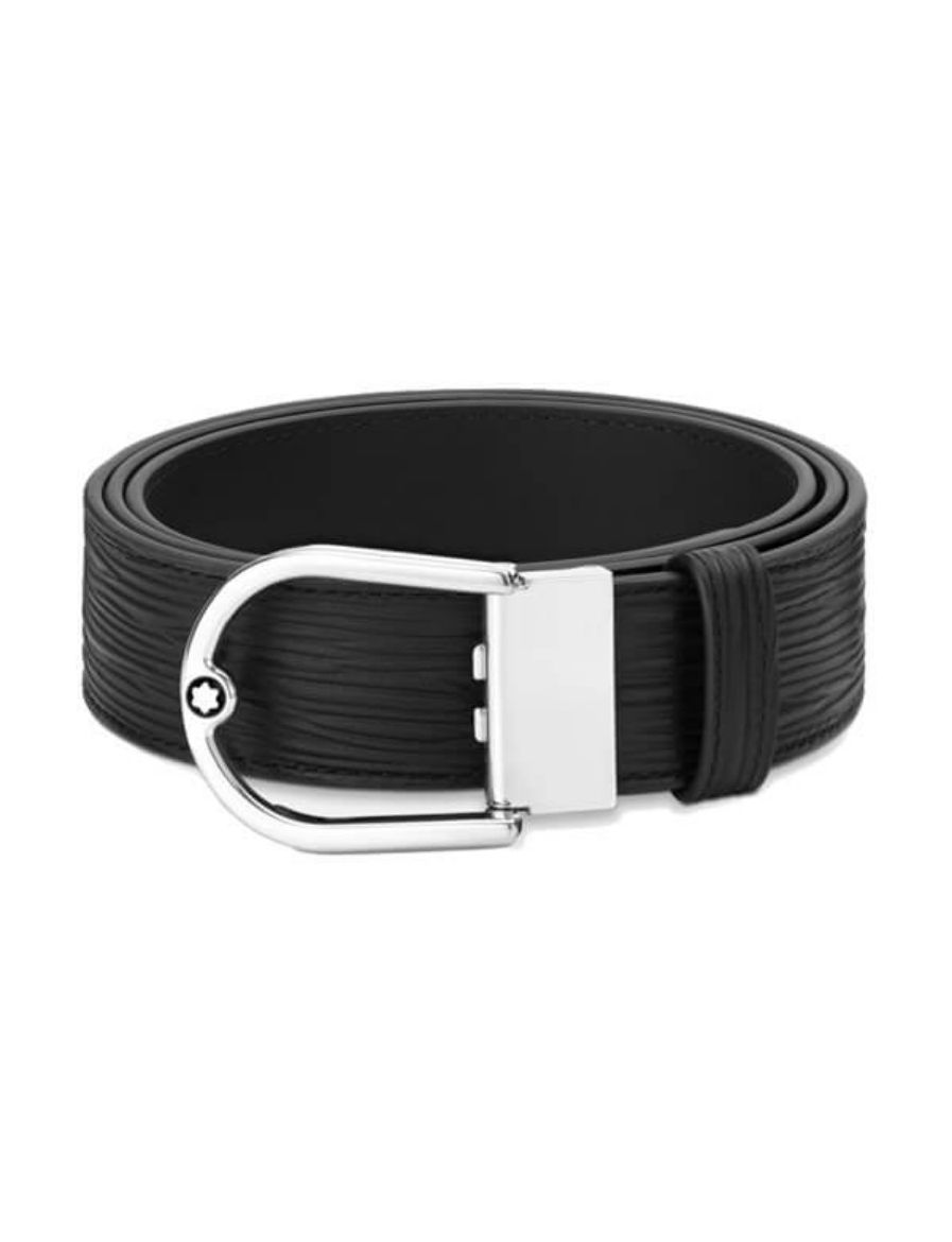 Montblanc At Nalı Toka Baskılı Siyah/Düz Siyah 35 mm Çift Yönlü Deri Kemer 198634