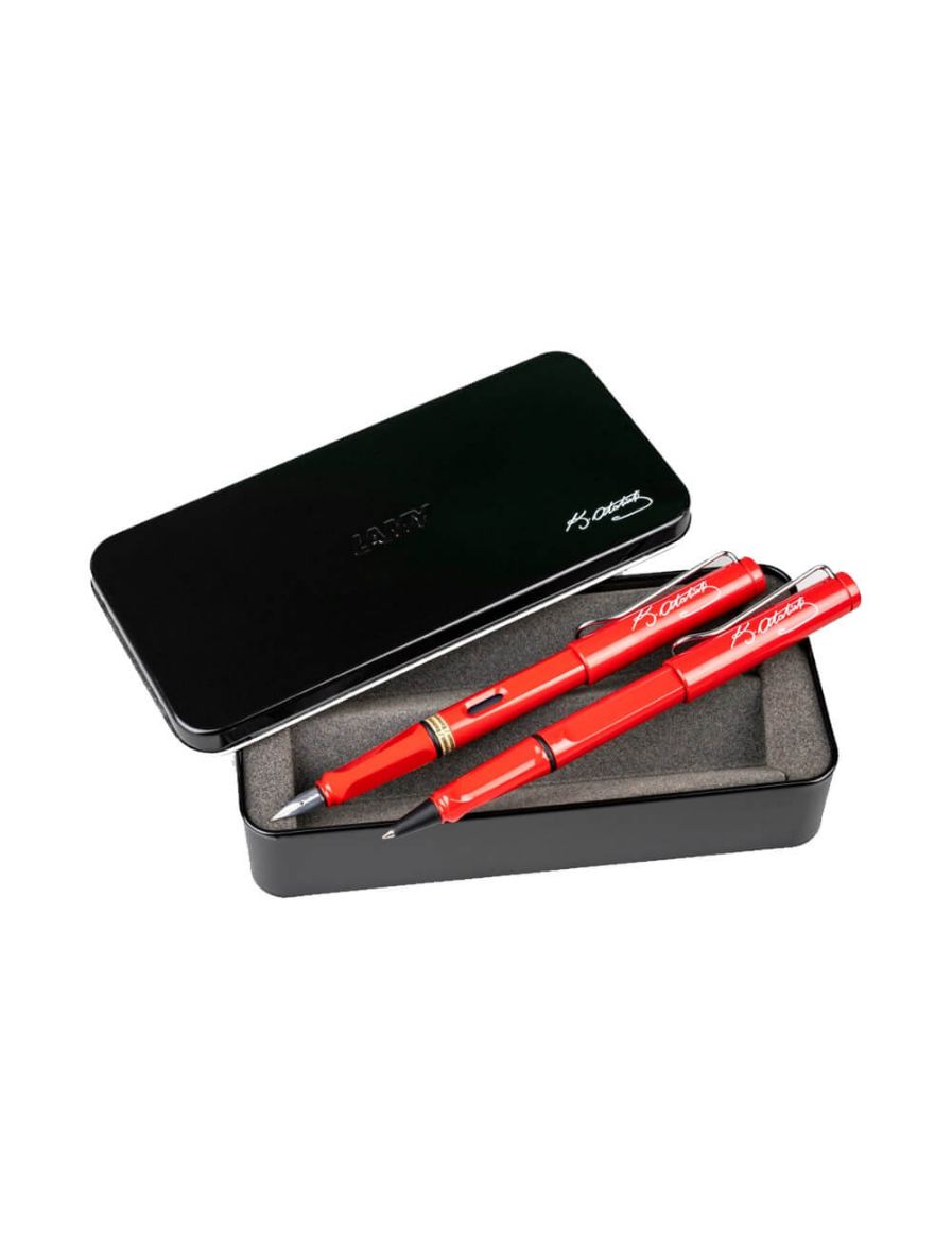 Lamy 2'li Safari Kırmızı Dolma&Roller Kalem Atatürk İmzalı Siyah Metal Kutulu ve Siyah Tekli Deri Kılıflı Seti 