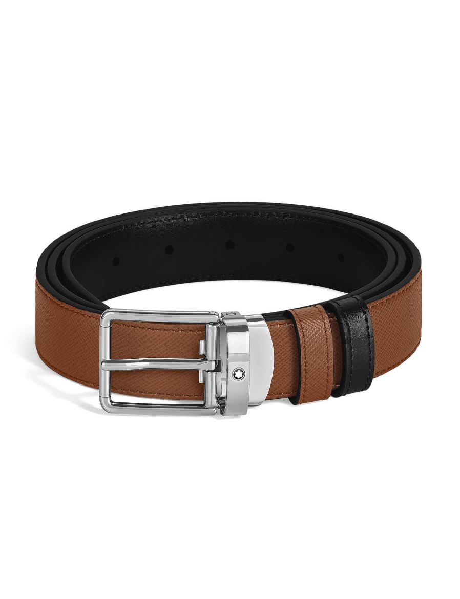 Montblanc Dikdörtgen Tokalı Kızıl Kahve - Siyah 35 mm Çift Taraflı Deri Kemer 221013